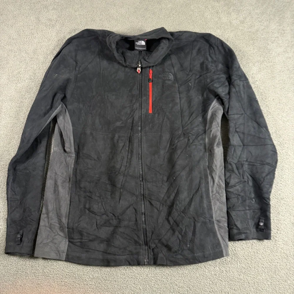 The North Face Mens Full Zip Fleece Jacket Black Grey Red Pocket L Large